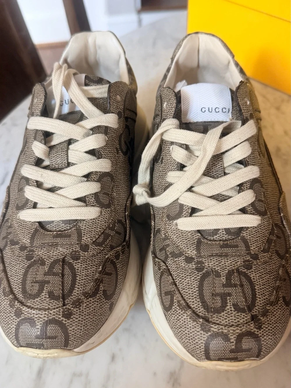 Women Gucci Rhyton Logo-Print Sneakers in Beige
